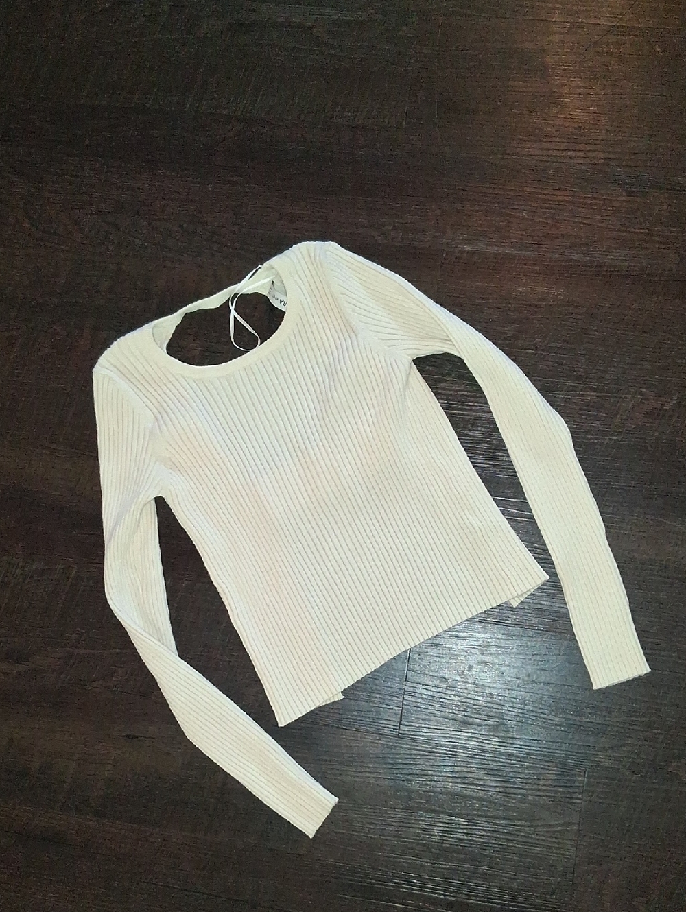 Zara Off-White Ribbed Long-Sleeve Top Withnopen Back
